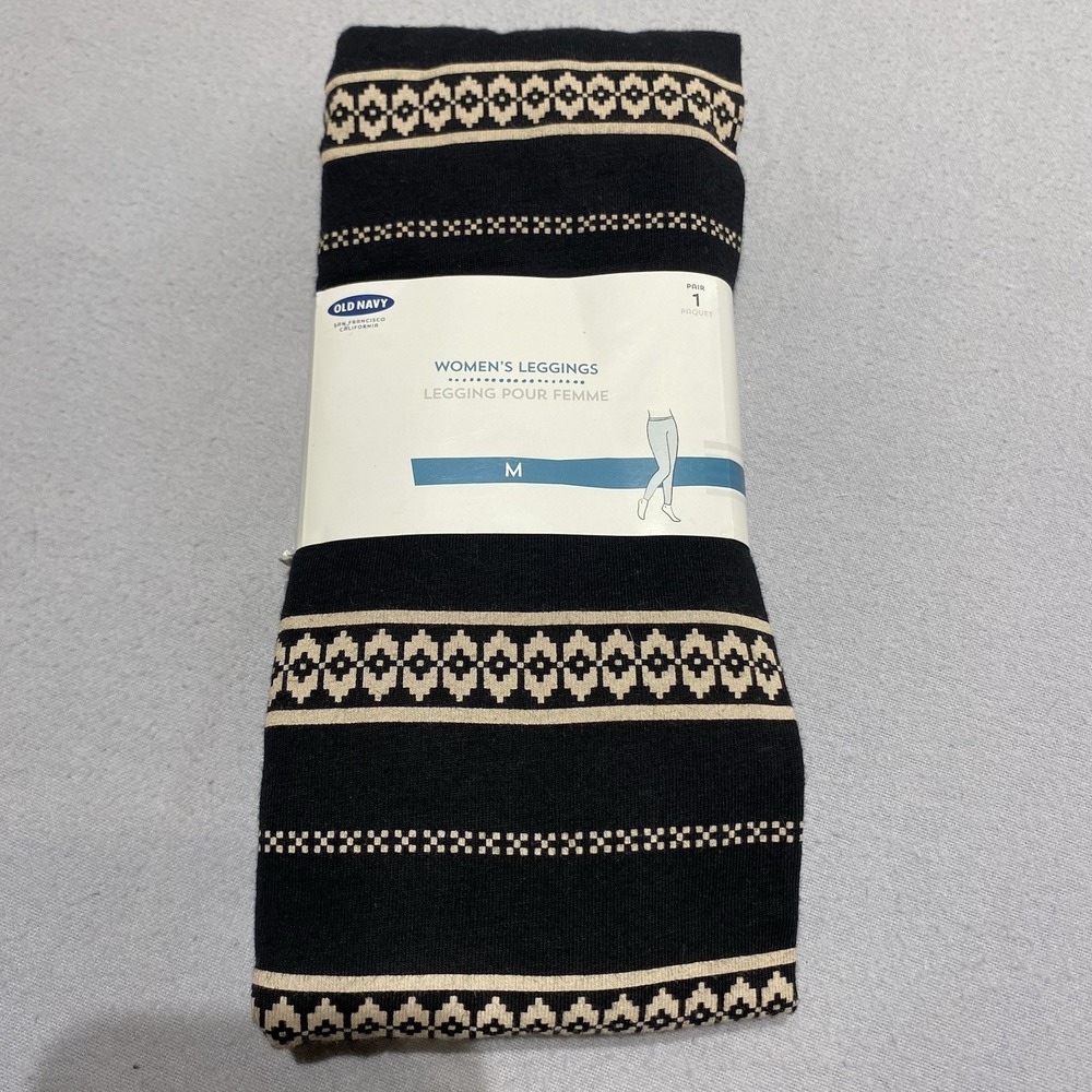 Old Navy Women's Geometric Leggings M Black Beige Cotton Knit Stretch